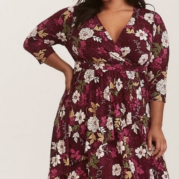 TORRID Fuschia Pink Floral Side-Draped 3/4 Sleeve Dress Size 2 (2X) #011 - Picture 2 of 10